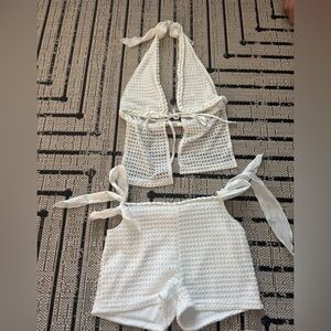 White Crochet Halter Top and Shorts Set